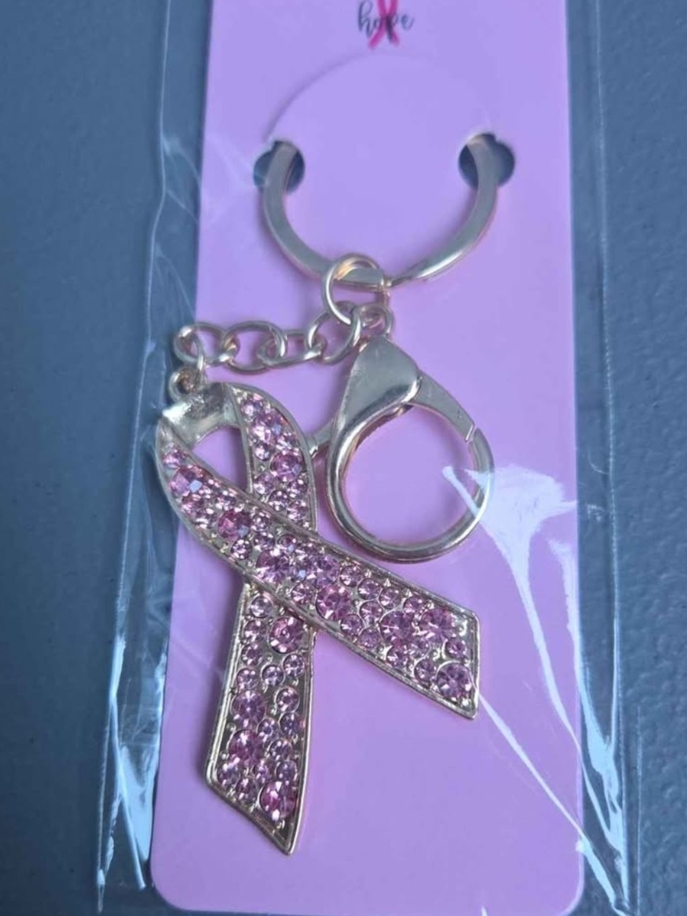 Pink Crystal Ribbon Keychain - Awareness Charm Gold Tone